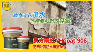 東方雨虹 YHCoat 908 透明外露防水膜針對牆身天花滲水，外牆潮濕起皮發霉，能有效阻隔明水侵入牆體，解決各種牆體滲漏問題