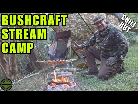 British bushcraft prepper wild camping, Chicken wing grill fest by a stream in the mountains