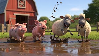A little Pigs and Sheep Roll in the Farm - Piglets and sheep rolling side by side in the mud