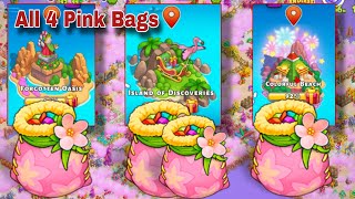 4 Pink Bags On Forgotten Oasis, Island Of Discoveries, Colorful Beach | Family Island Pink Bag