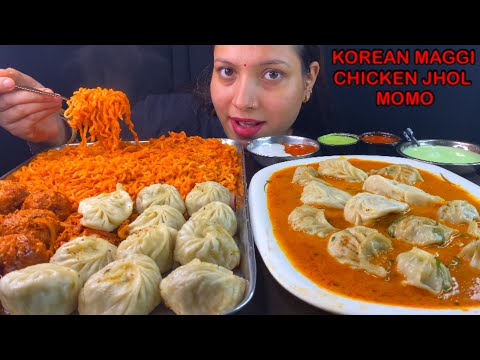 Eating Spicy 🔥 Korean Maggi Ramen, Chicken Jhol Momo, Tandoori Momo, Veg Momo | Noodles With Momo