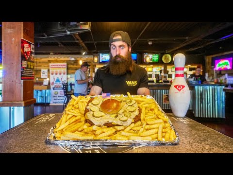 YOU WIN A HUGE TROPHY IF YOU FINISH THIS FOOD CHALLENGE IN A BOWLING ALLEY! | BeardMeatsFood