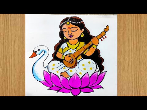 how to draw saraswati devi,maa saraswati ful figer with bina drawing,basant panchami drawing,