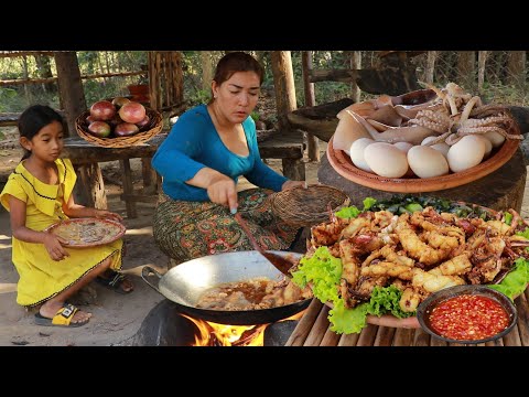 Mother cooking squid crispy with egg for special recipe- Squid recipe for dinner eating delicious