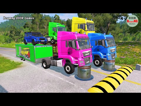 Double Flatbed Trailer Truck vs speed bumps|Busses vs speed bumps|Beamng Drive|1161