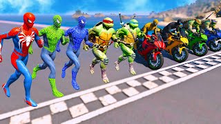 SPIDERMAN Team vs TMNT Team RUNNING Challenge on Mega Sky Ramp, Superheroes Race Motos Jumps - GTA 5