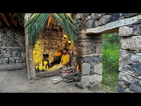 Bushcraft Building a Stone House. Survival in a 100  Year old Flour Mill - Fishing, Cooking - Part 1