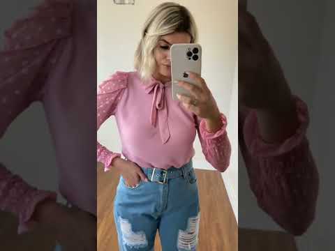 Camisa Crepe Manga Longa Tule Rosa