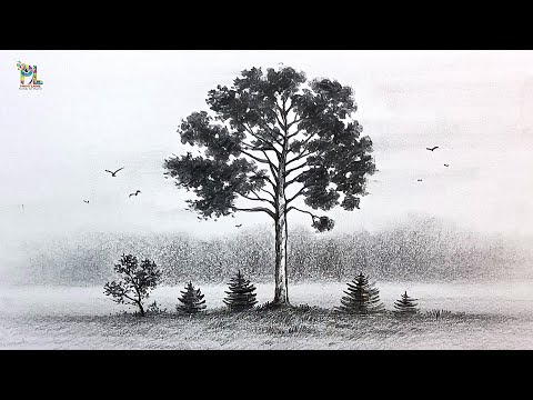 How to draw Tree and Bushes in Nature Landscape Pencil Art