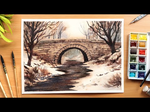 How to Paint a Winter Snowy Rock Bridge in Watercolour using only 3 Colours