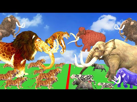 10 Mammoth Elephant Cow vs 5 Giant Tiger Wolf Monster Lion Attack Cow Baby Saved by Woolly Mammoth