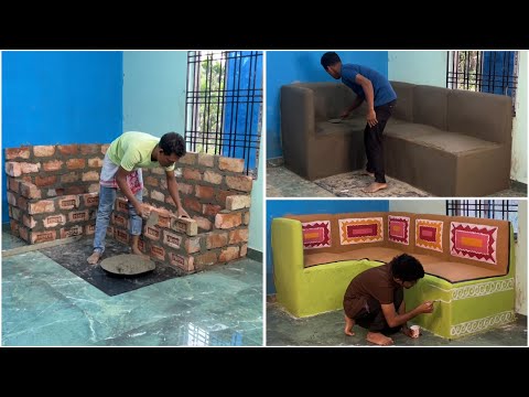 L shaped cement sofa 🛋️ Drawing Room Makeover idea