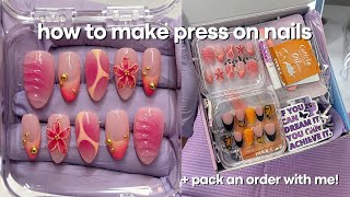 TRENDY SUMMER NAILS with 3D FLOWERS | how to make press on nails + how I pack press on nail orders 🌺