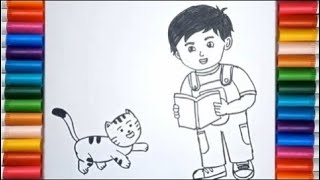 Menggambar Anak Laki - Laki dan Kucing untuk Anak TK, Paud dan SD