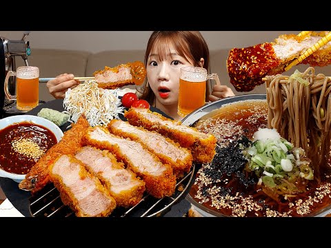 🥩직접만든 '통목살'돈까스,냉모밀,유부초밥🍜톤쇼우 부럽지않은 두툼한 돈까스 먹방 PORK CUTLET PASTA MUKBANG ASMR EATINGSHOW REALSOUND 요리