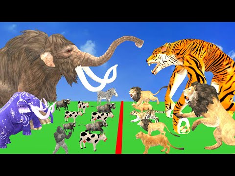 5 Mammoth Elephant Cow vs 10 Giant Tiger Wolf Lion Attack Cow Cartoon Buffalo Saved Mammoth Gorilla