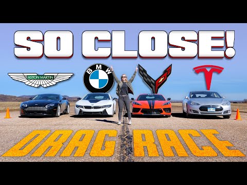 These Results Even Surprised Us - V8 Vantage vs BMW i8 vs C8 Corvette vs Tesla Model S Drag Race!