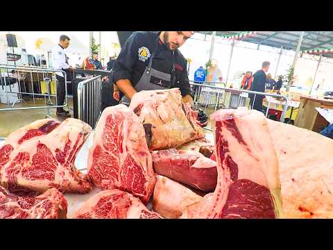 Street Food Festivals in Italy. Huge Grills of Steaks, Ribs, Loin & more Food