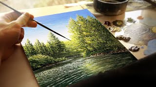 Painting A Beautiful Landscape in Real Time with Acrylics - Paint with Ryan