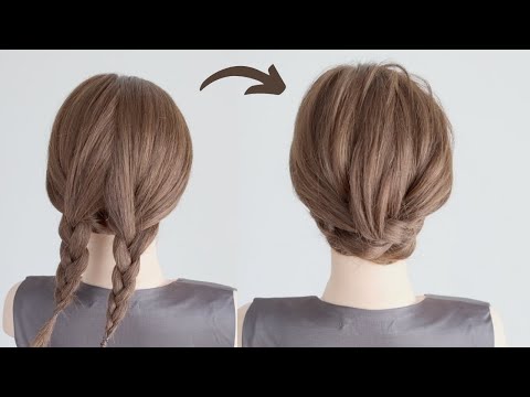 [ヘアアレンジ ミディアム] 三つ編みツインテールで作る上品で簡単なまとめ髪/  Double Braid Low Bun Hairstyle
