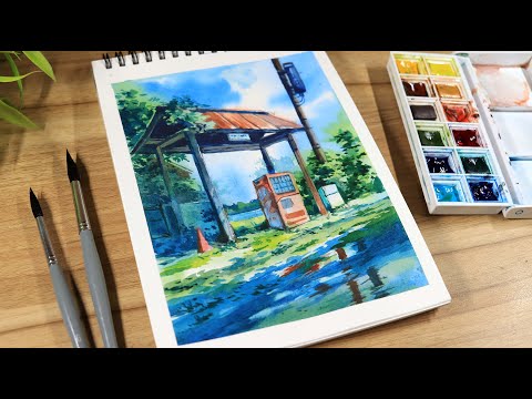Watercolor Painting of Beautiful Ghibli Roadside Trees