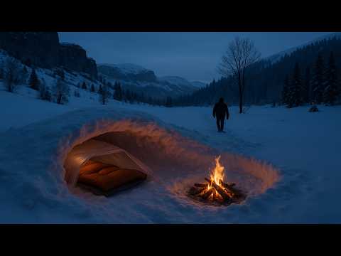 Survival in -15°C, 3m Deep Snow | Winter Camp in a Snow Pit Shelter with Fire