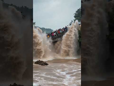 惊险一幕！小桥瞬间坍塌，人群跌入汹涌山洪！ #bridge  #collapse  #flash  #flood  #disasters  #scene