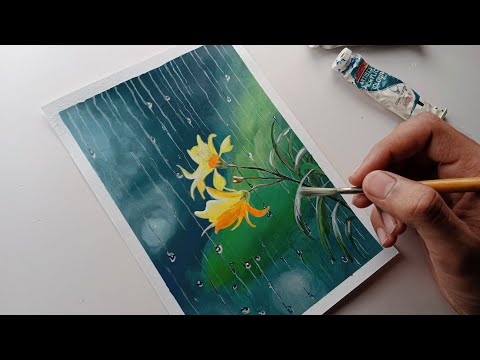 RAINY DAY and YELLOW FLOWERS PAINTING/ ACRYLIC PAINTING TUTORIAL #acrylicpainting