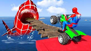 سبايدر مان اصعب دراجة نارية فوق اسماك القرش - Superheroes Ride on Motorcycle Stunt Funny Moments