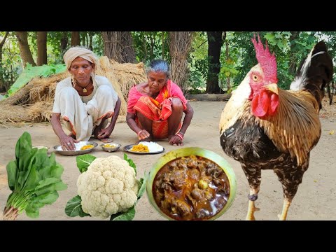 old grandma cooking COUNTRY CHICKEN curry with CAULIFLOWER and eating hot rice || tribe people life