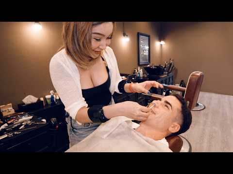 ASMR: Amazing Service by Thai Lady Barber! (Haircut, Straight Razor Shave, Wax, Face Massage)