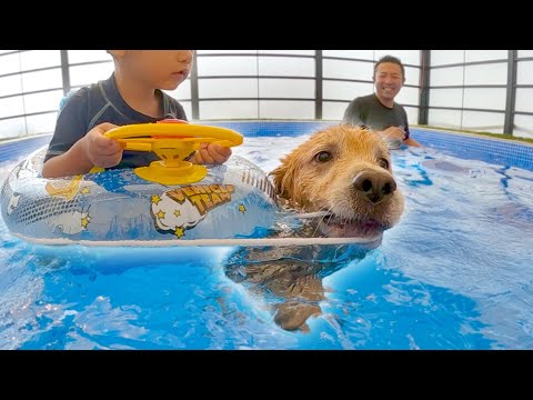 浮き輪の息子を勘違いして救助(？)しようとする愛犬wｗ