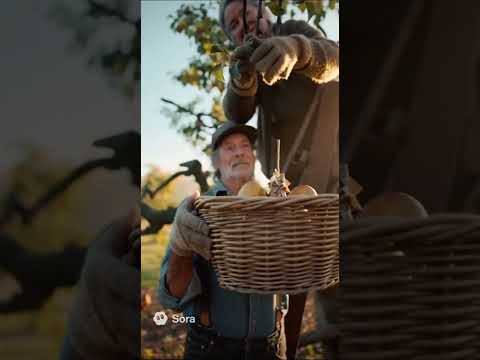 A cinematic 8K scene of an old couple harvesting golden pears in a misty orchard. 🍐✨
