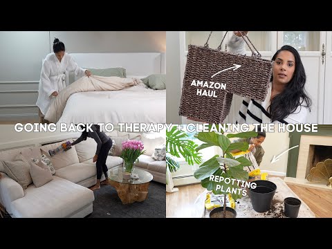 Going back to therapy, cleaning the house, repotting plants + amazon haul | VLOG
