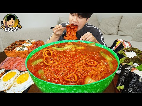 ASMR MUKBANG 직접 만든 오징어 열라면 김밥 김치 유부초밥 먹방! RAMYEON & KIMBAP MUKBANG EATING SOUND!