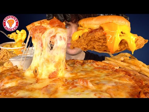 ASMR MUKBANG EXTRA CHEESY PIZZA AND POPEYES CHICKEN | WITH CHEESE