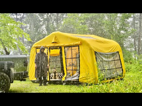 CAMPING IN THE HEAVY RAIN with NEW CAPSULE TENT