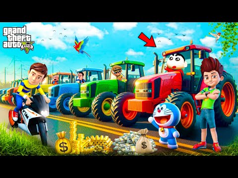 Squid Doll Vs All Cartoon Heroes 😈🔥 | Mega Tractor Ramp Challenge 🚜 | GTA 5 Telugu