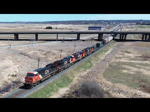 Awesome Aerial 4K View! Four Engines Lead a Big Manifest Train CN 407 towards Fort Lawrence, NS
