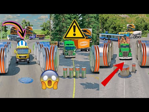 Mix Color Skibidi Trucks & Buses & Cops vs Big and Small Bollards #1 😱 BeamNG.Drive | WeCrashGames