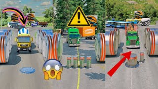 Mix Color Skibidi Trucks & Buses & Cops vs Big and Small Bollards #1 😱 BeamNG.Drive | WeCrashGames