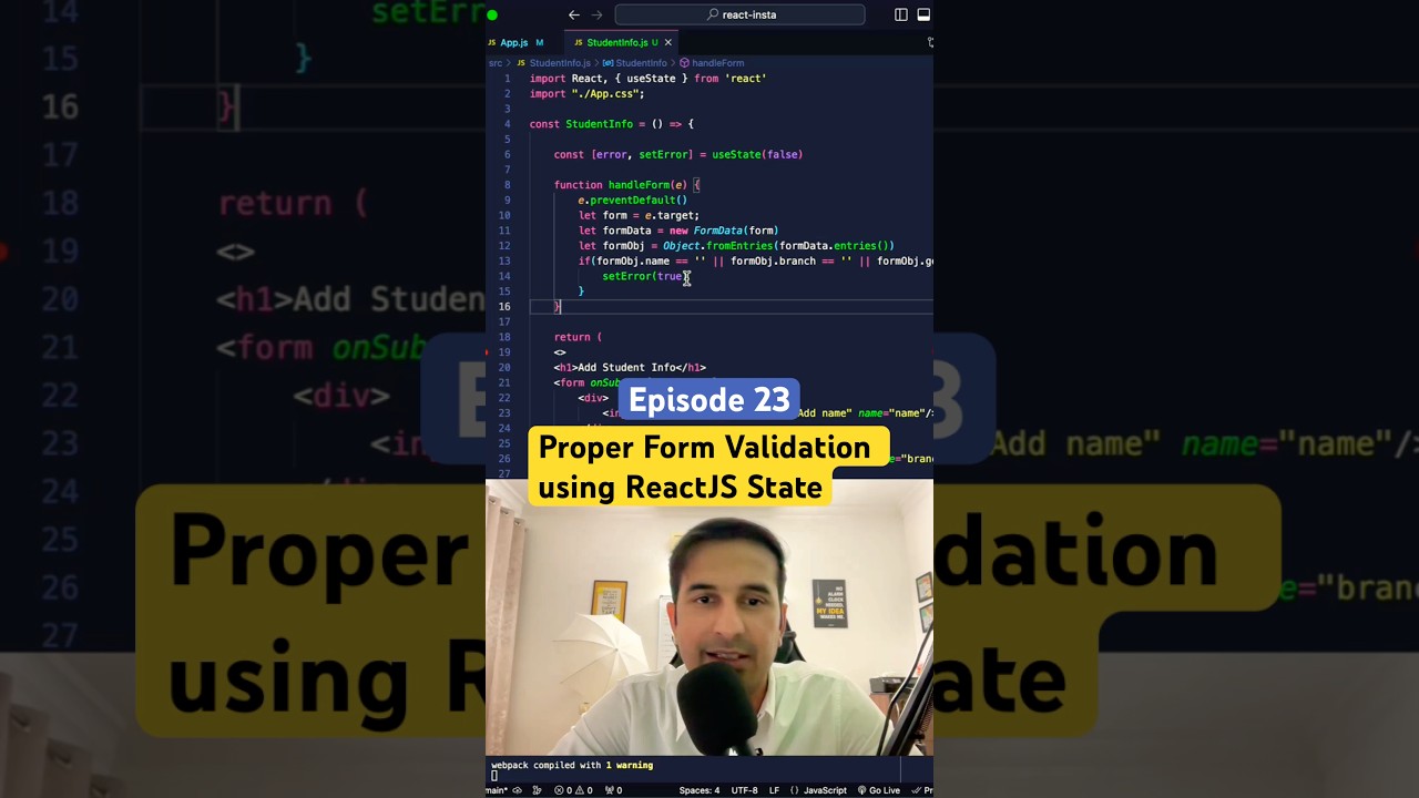 Form Validation with Error Msg using State in React 😎 #reactjstutorial