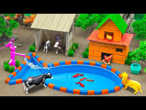 Build Creative Village Farm Diorama with Barn for Horse, Chicken - Pond for Cattles - Animals Farm