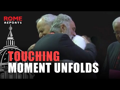 YouTube video thumbnail: Pope Leo Allows a Priest to Come on Stage and Give him a hug
