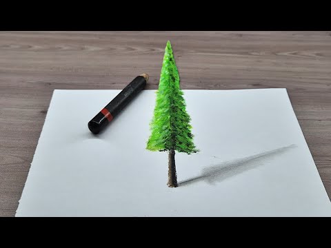 3d drawing pine tree on paper for beginner