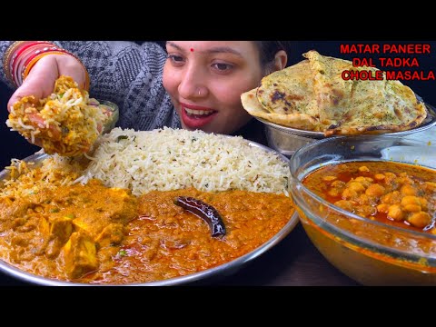 Eating Spicy🔥 Matar Paneer, Dal Tadka, Chole Masala, Aloo Pyaj Kulcha, Zeera Rice, Riata Indian Asmr