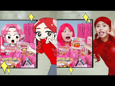 COMPARE Animation Red Food VS Pink Food Challenge Fire Spicy Noodle HIU