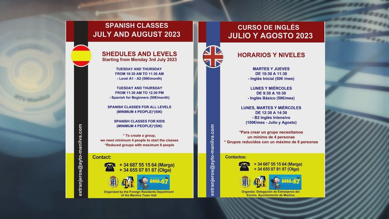 Clases de inglés y español para los meses de julio y agosto