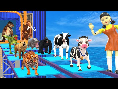 Animals Plays Squid Game Glass Bridge Rescue Cow vs Gorilla vs Tiger vs Elephant vs Dinosaur Cartoon