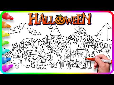 BLUEY Coloring Pages - HALLOWEEN. How to color Bluey, Bingo, Honey, Snickers and other. Easy Drawing